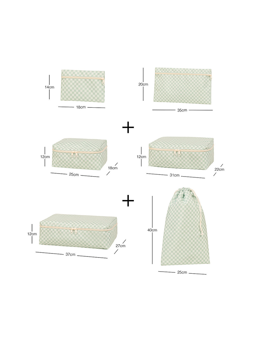 Yeşil 6'lı Mint Dama Desen Pamuklu Bavul İçi Düzenleyici Set-6
