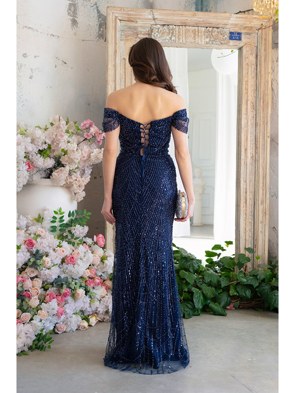 Kadın Lacivert Kayık Yaka Boncuklu Uzun Abiye Elbise-5