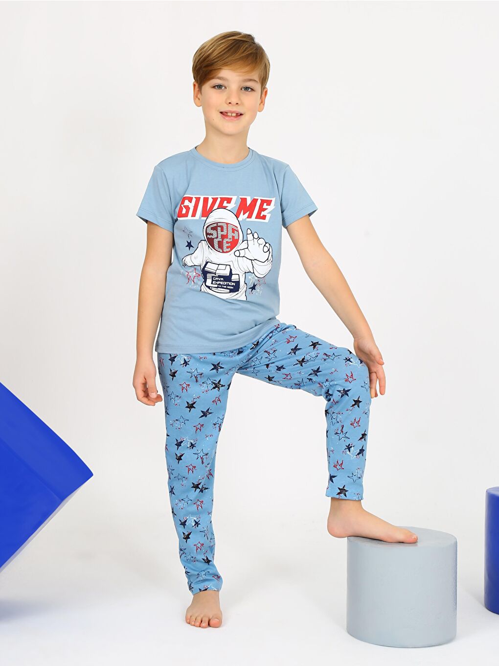 Mavi Erkek Çocuk Kısa Kollu %100 Pamuklu Flight Pijama Takımı