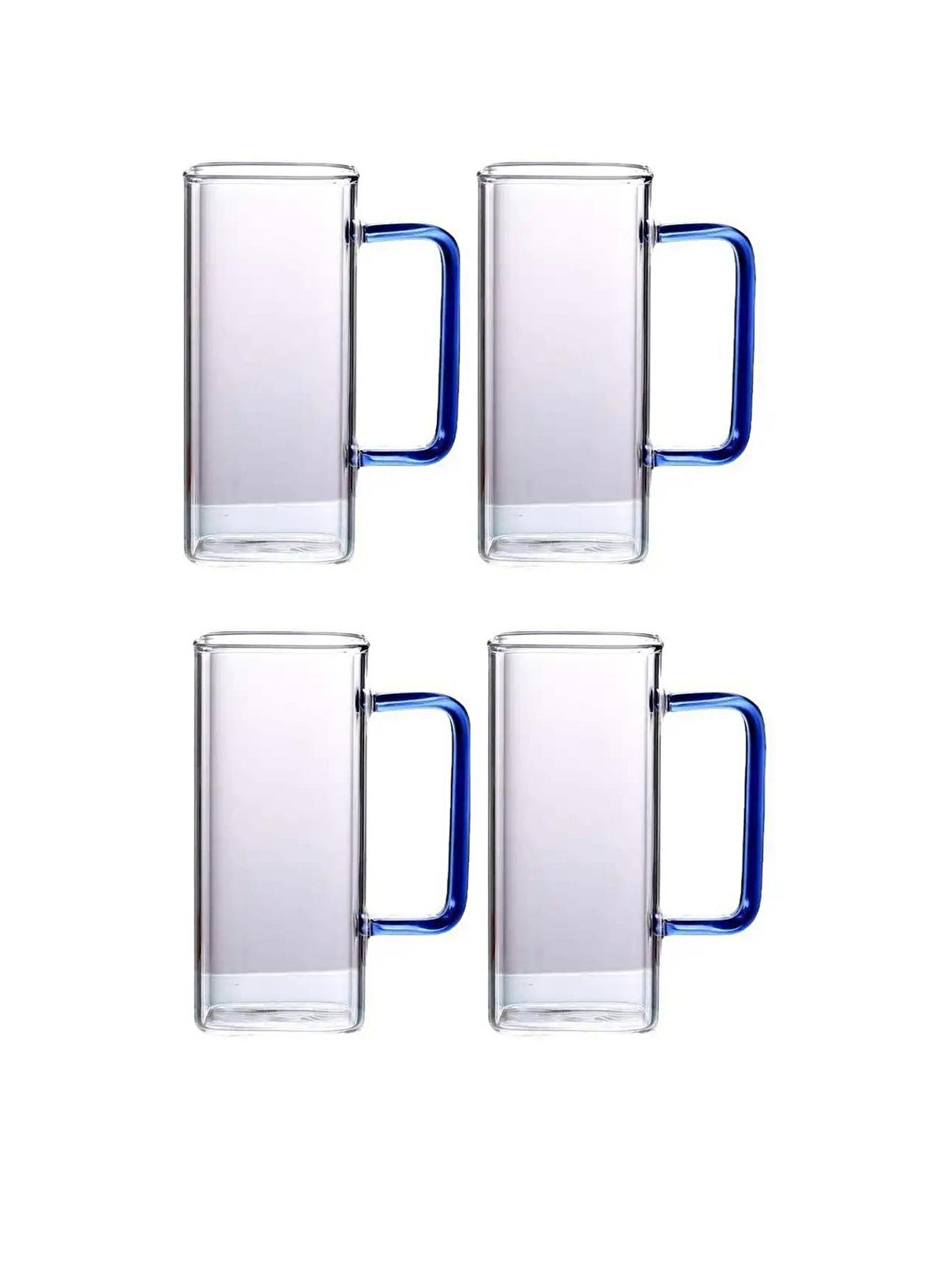 Renksiz Kare Cam Mavi Kulplu Bardak 350 ml 4 Adet