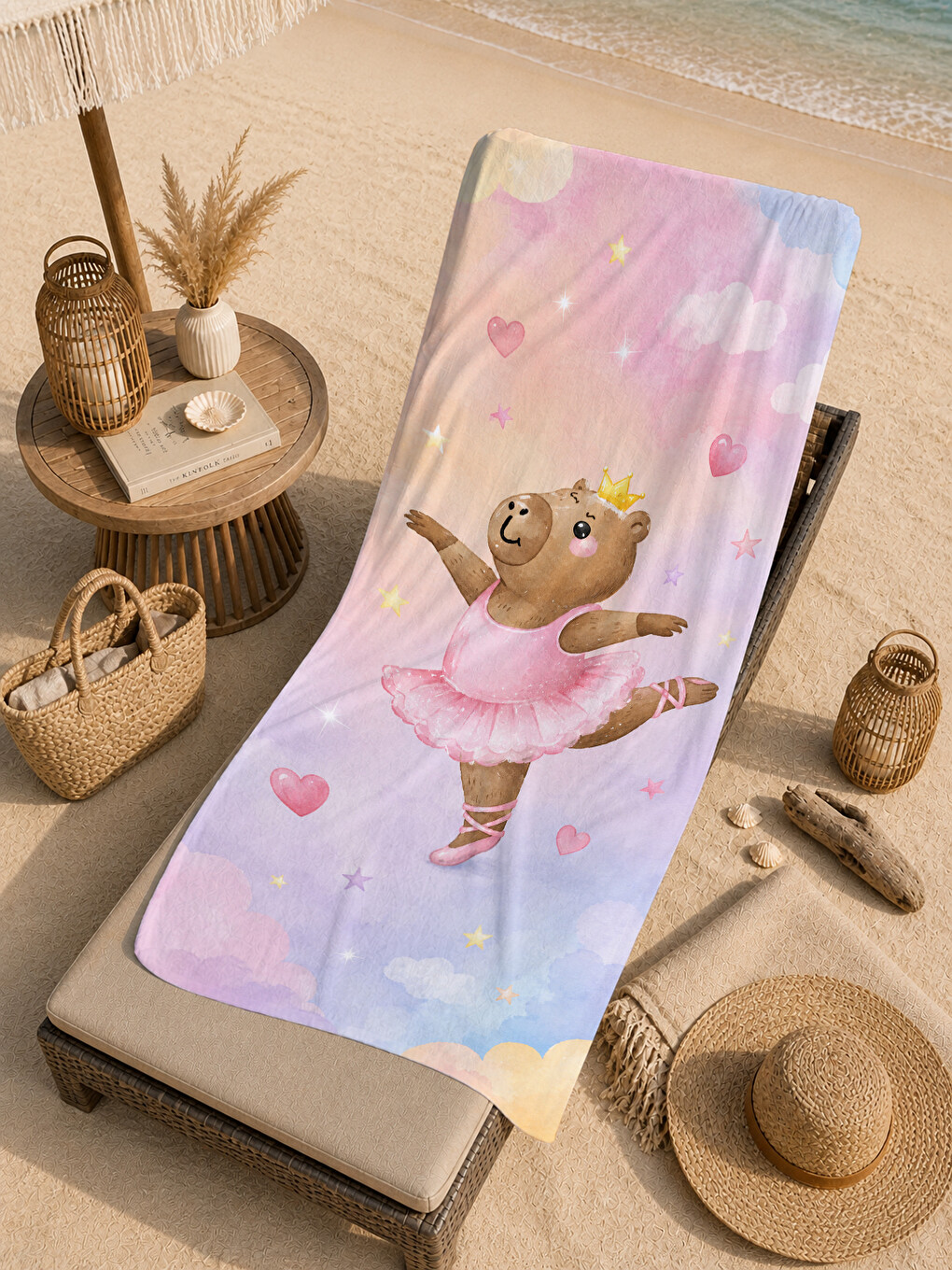 Masalsı Pembe Tütülü Balerin Fare Desenli 70x150 Plaj Havlusu - Dijital Baskılı Banyo Havlusu