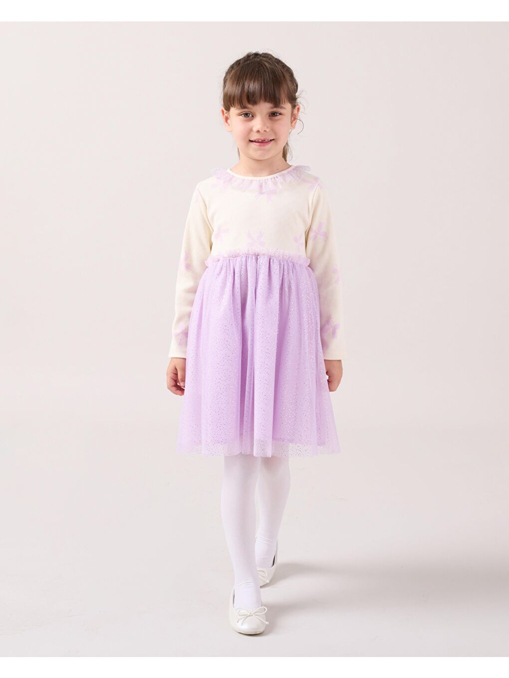 Kız Çocuk Pamuklu Ekru Lila Yıldız Desenli Tül Etek Elbise Takım - Uzun Kollu