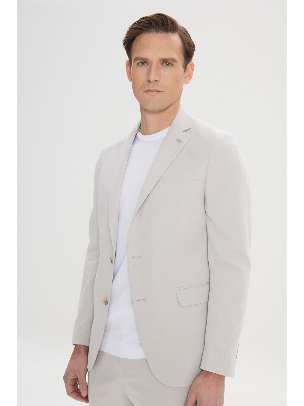 Erkek Bej Dar Kesim Mono Yaka Pamuklu Diagonal Desenli Takım Elbise-3