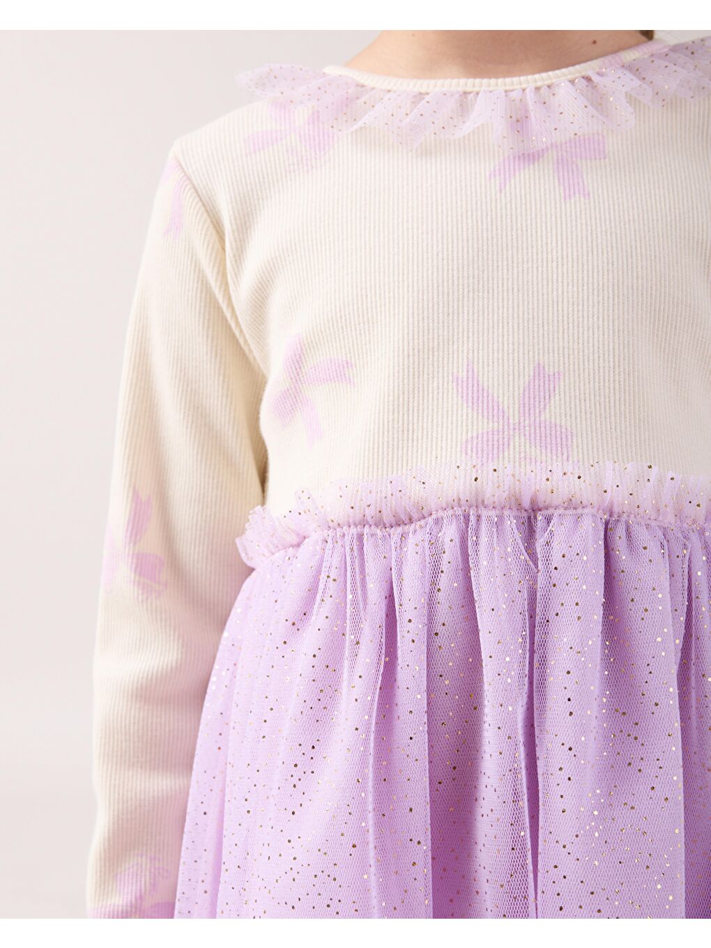 Kız Çocuk Pamuklu Ekru Lila Yıldız Desenli Tül Etek Elbise Takım - Uzun Kollu-1
