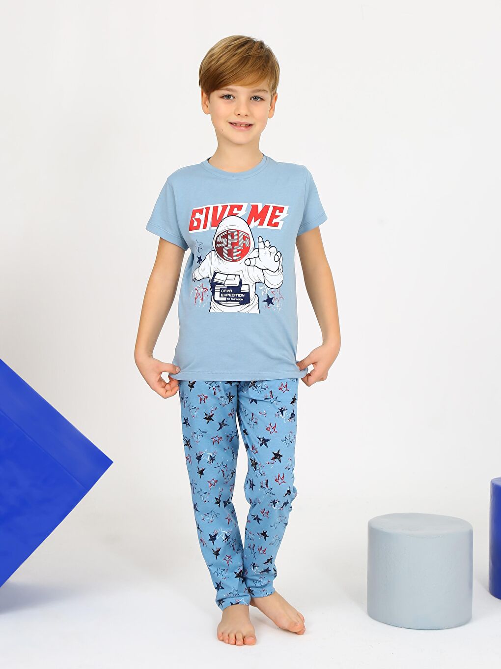 Mavi Erkek Çocuk Kısa Kollu %100 Pamuklu Flight Pijama Takımı-2