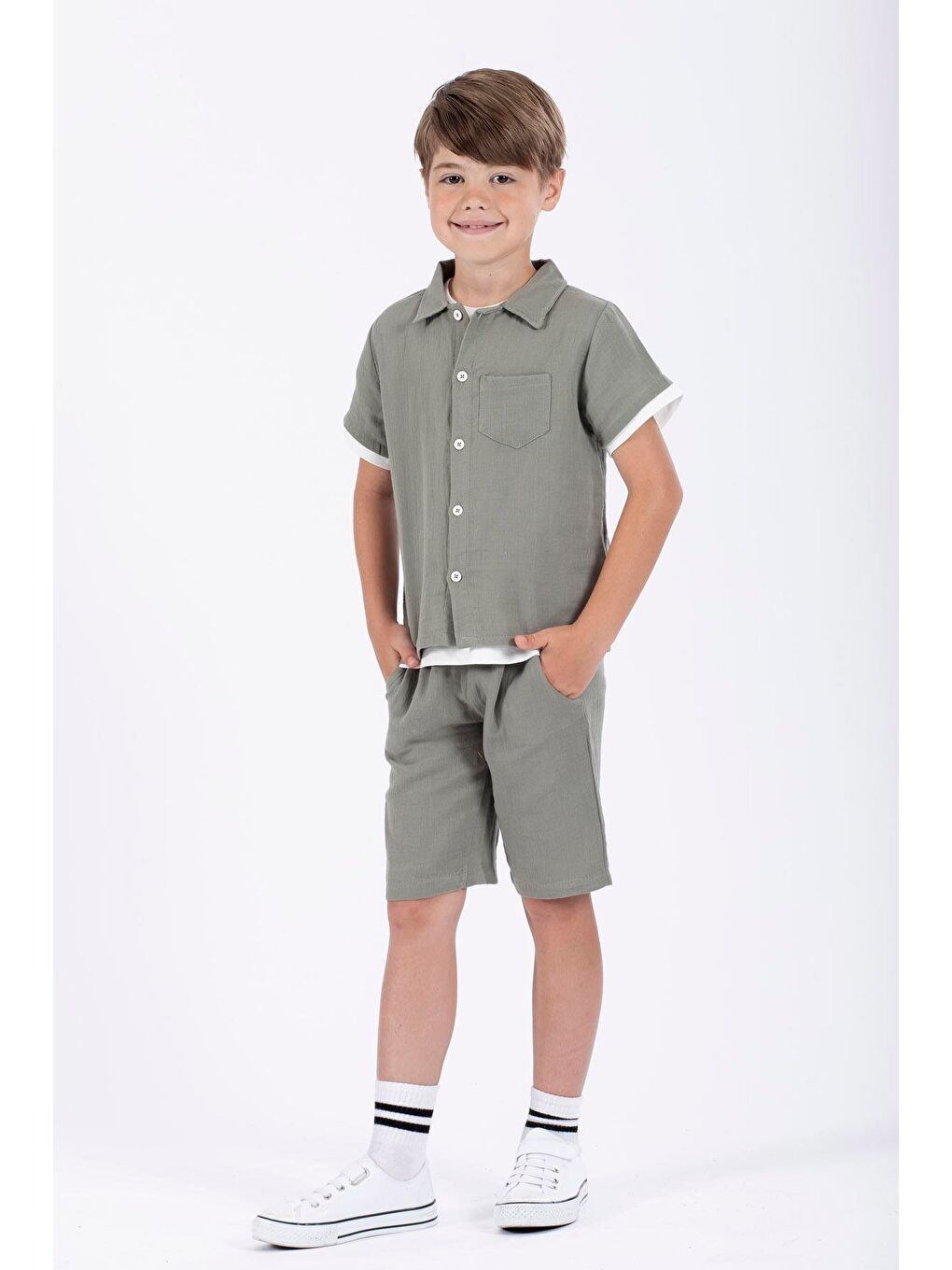 Gömlek Yaka Kısa Kol Haki Renk Erkek Çocuk Şortlu Takım