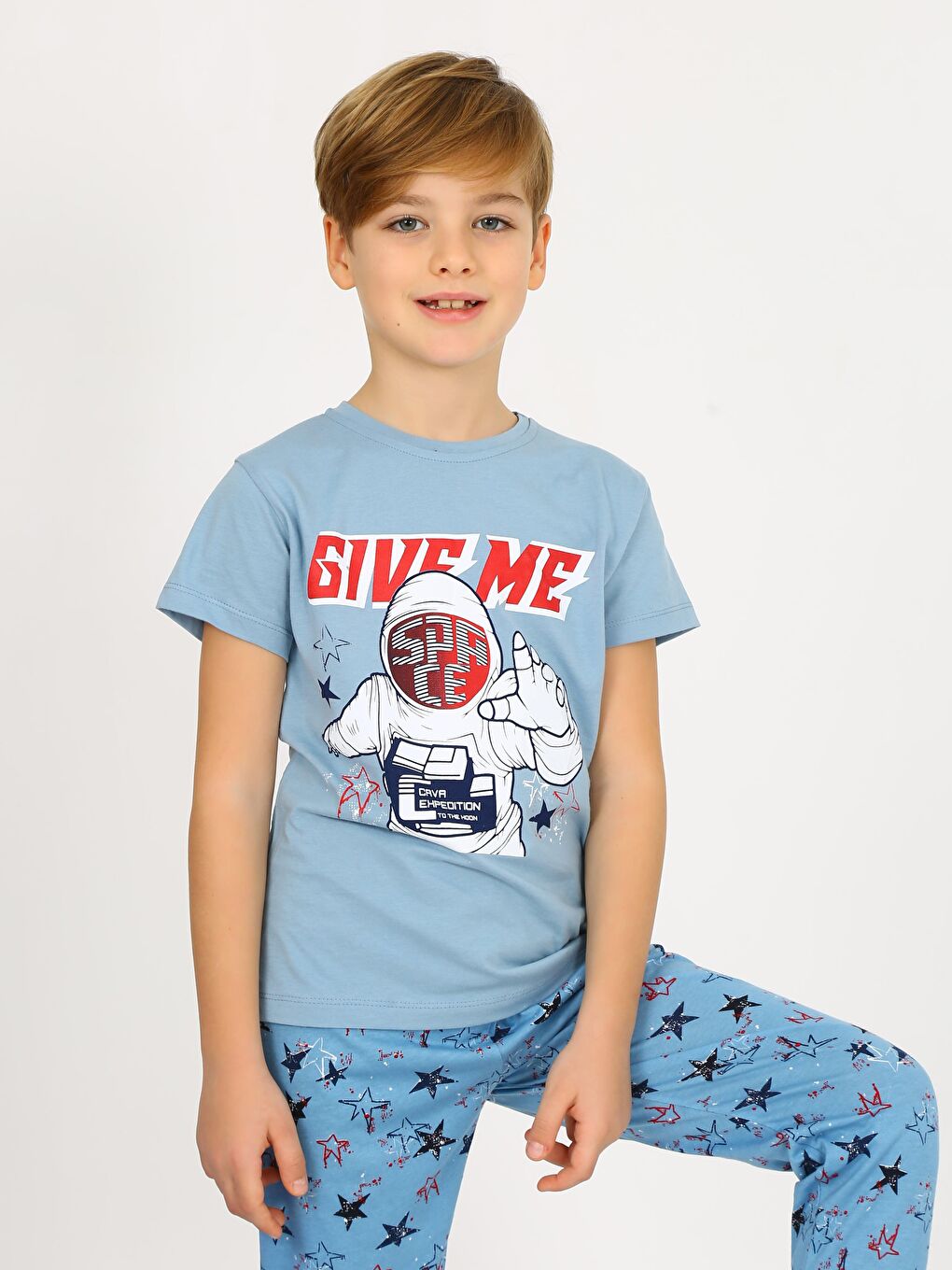 Mavi Erkek Çocuk Kısa Kollu %100 Pamuklu Flight Pijama Takımı-3