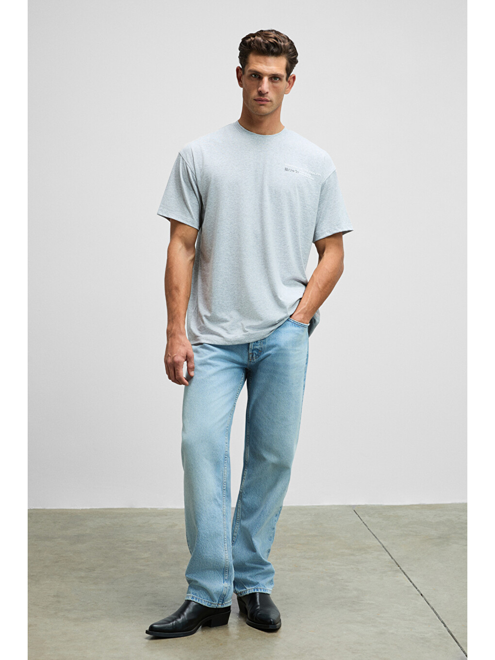 Dragon Erkek Göğsü Ve Sırtı Baskılı %100 Organik Pamuk Oversize Fit Bisiklet Yaka Gri Melanj T-shirt-4