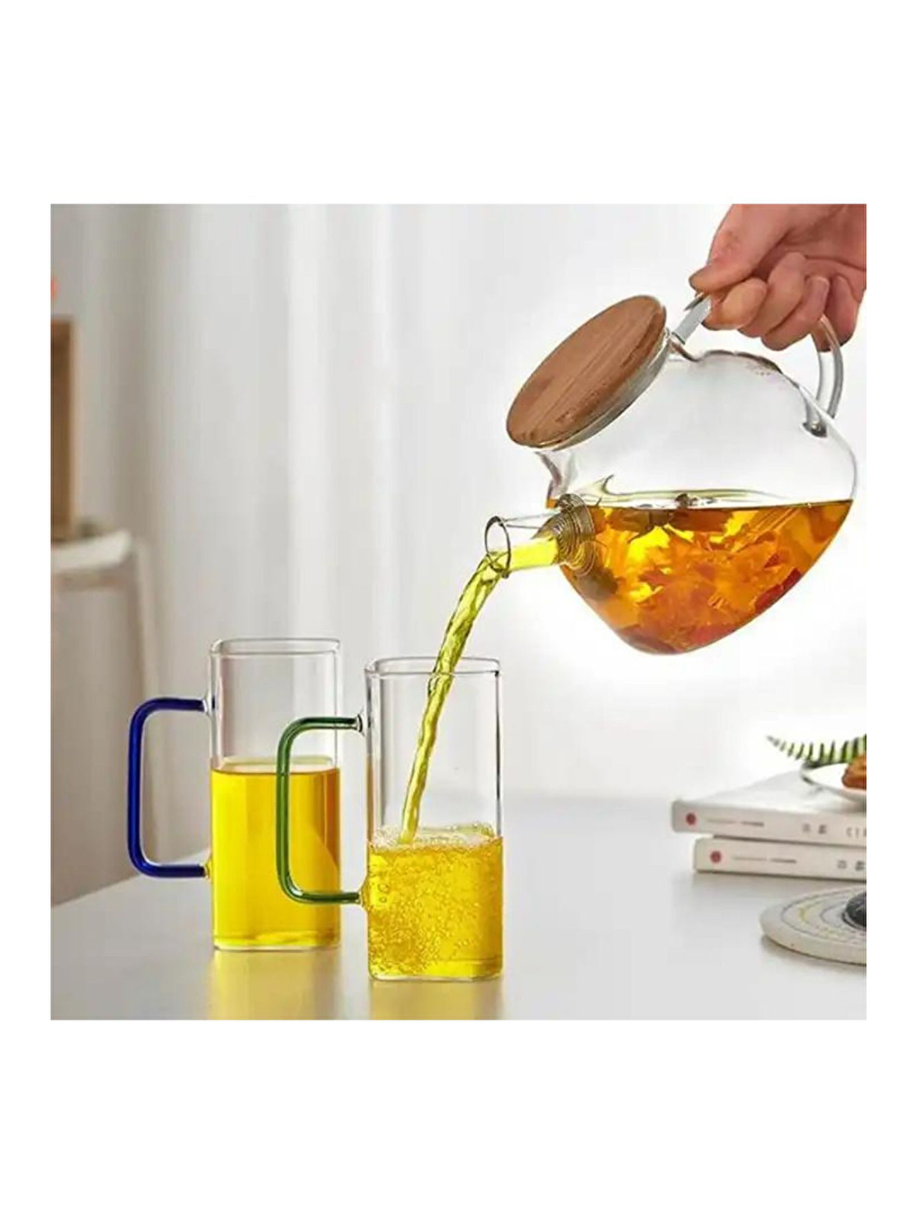 Renksiz Kare Cam Mavi Kulplu Bardak 350 ml 4 Adet-1