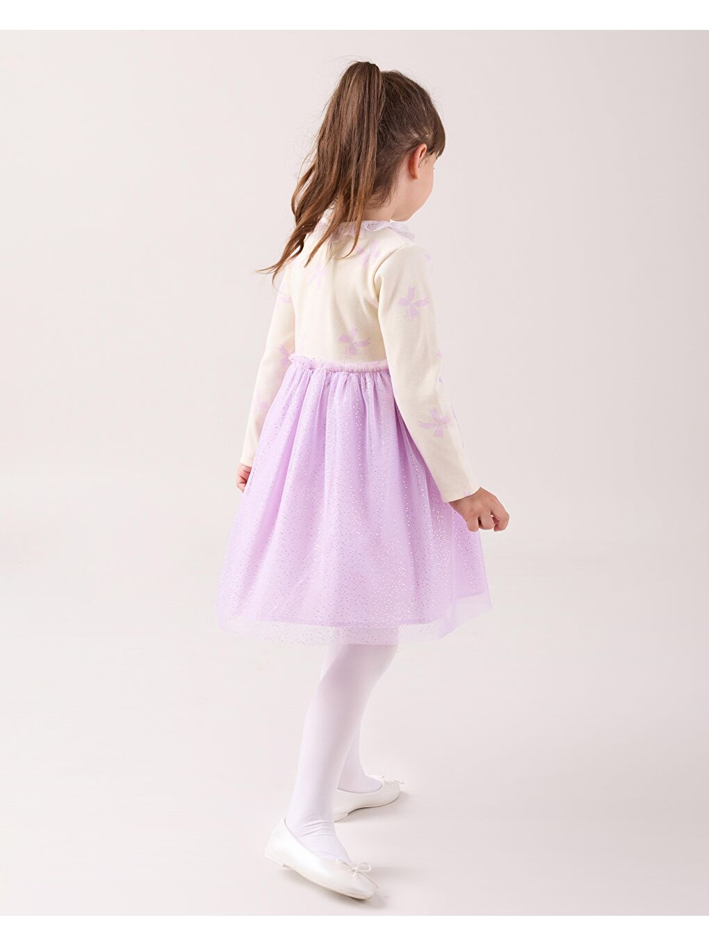 Kız Çocuk Pamuklu Ekru Lila Yıldız Desenli Tül Etek Elbise Takım - Uzun Kollu-3