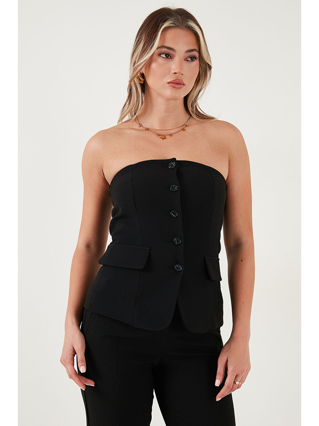 Siyah Regular Fit Straplez Yaka Düğmeli Yelek 6839611-3