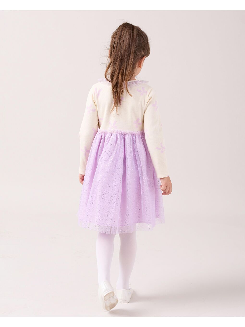 Kız Çocuk Pamuklu Ekru Lila Yıldız Desenli Tül Etek Elbise Takım - Uzun Kollu-4