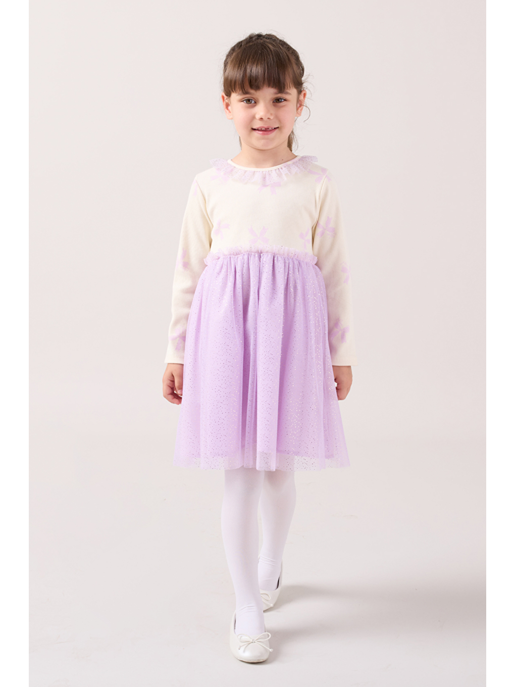 Kız Çocuk Pamuklu Ekru Lila Yıldız Desenli Tül Etek Elbise Takım - Uzun Kollu-5