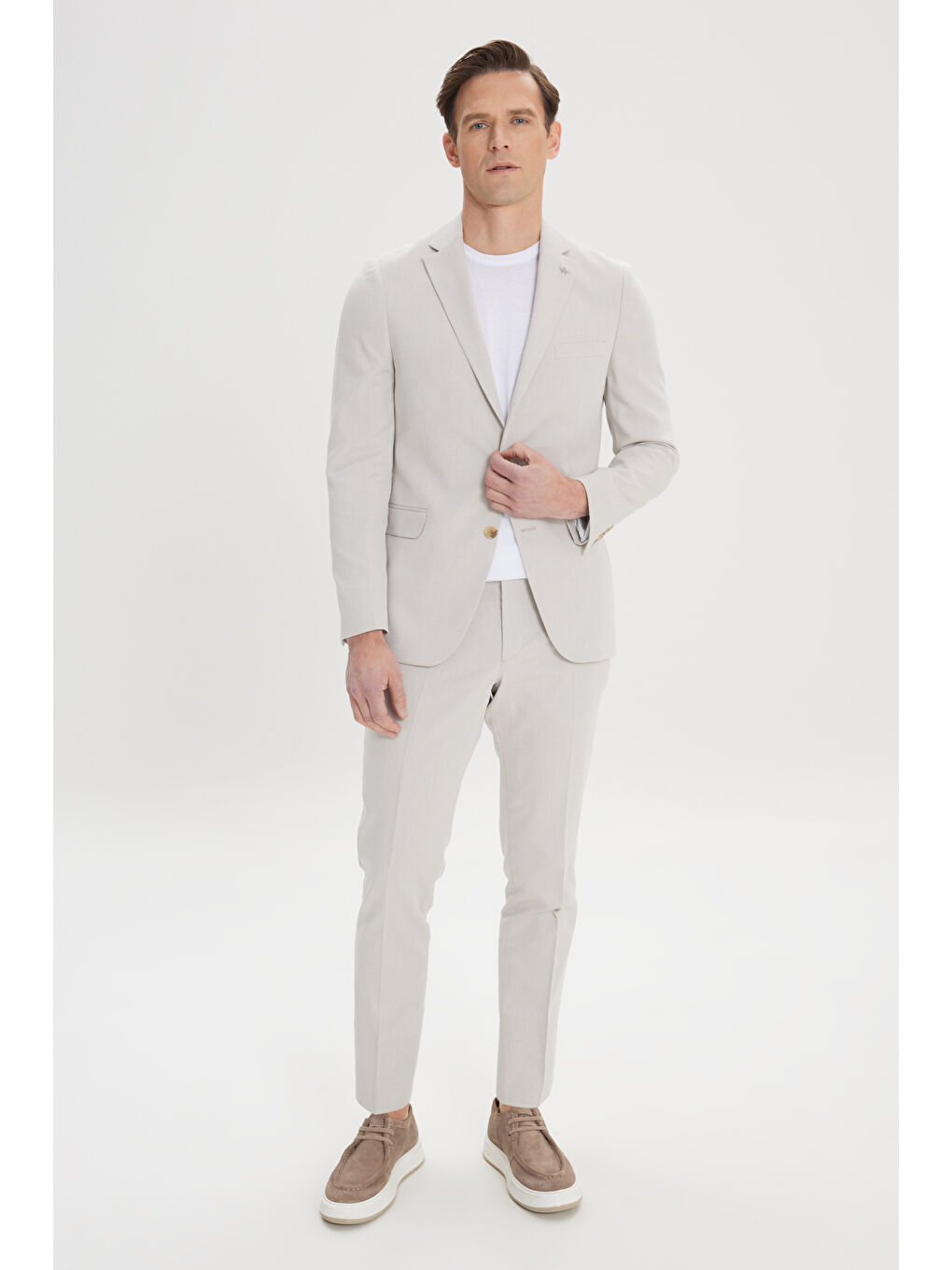 Erkek Bej Dar Kesim Mono Yaka Pamuklu Diagonal Desenli Takım Elbise-5