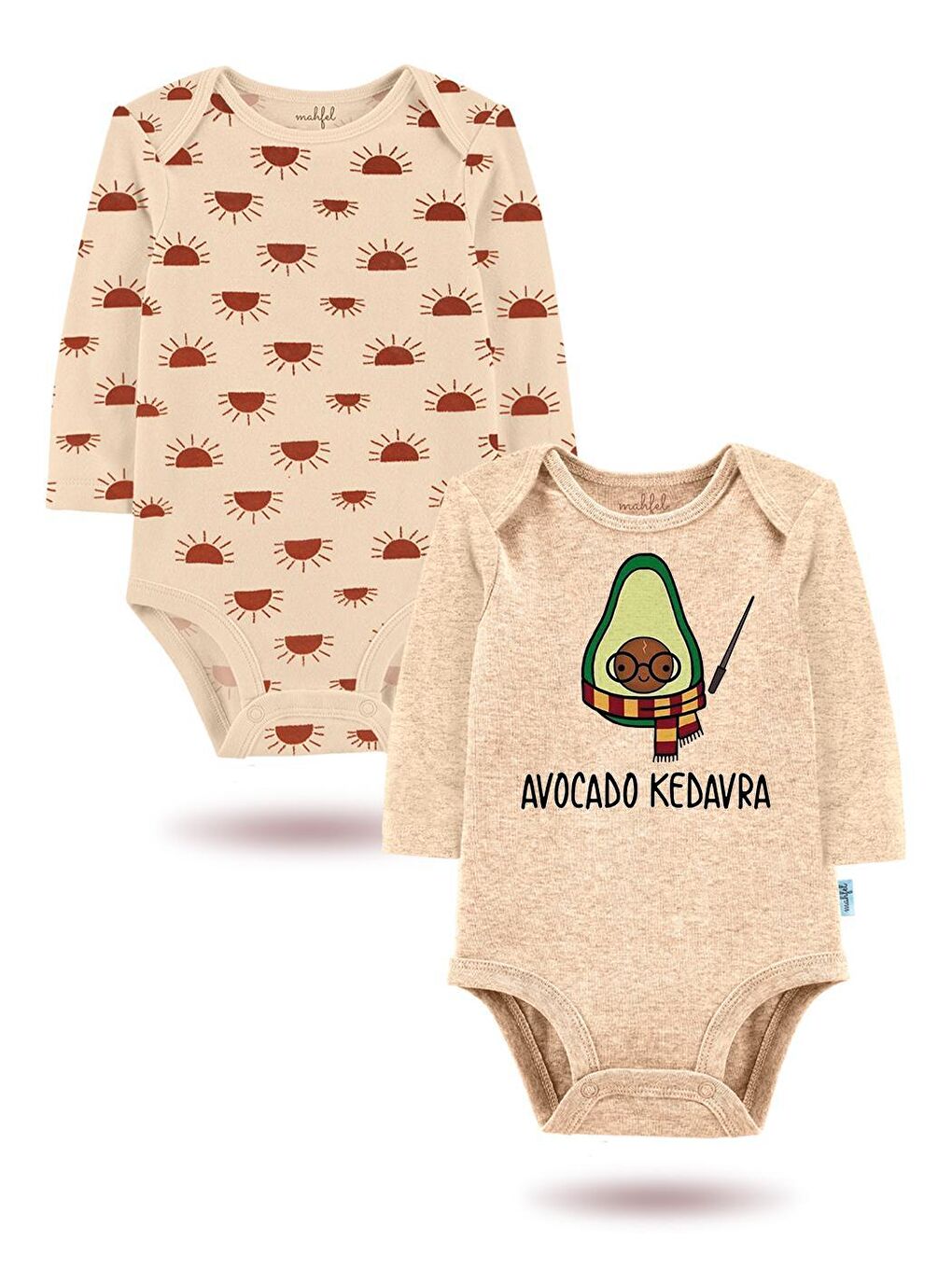 MAHFEL Bej 2'Li "Avocado Kedavra"Baskılı Uzun Kollu Unisex Bebek Çıtçıtlı Body