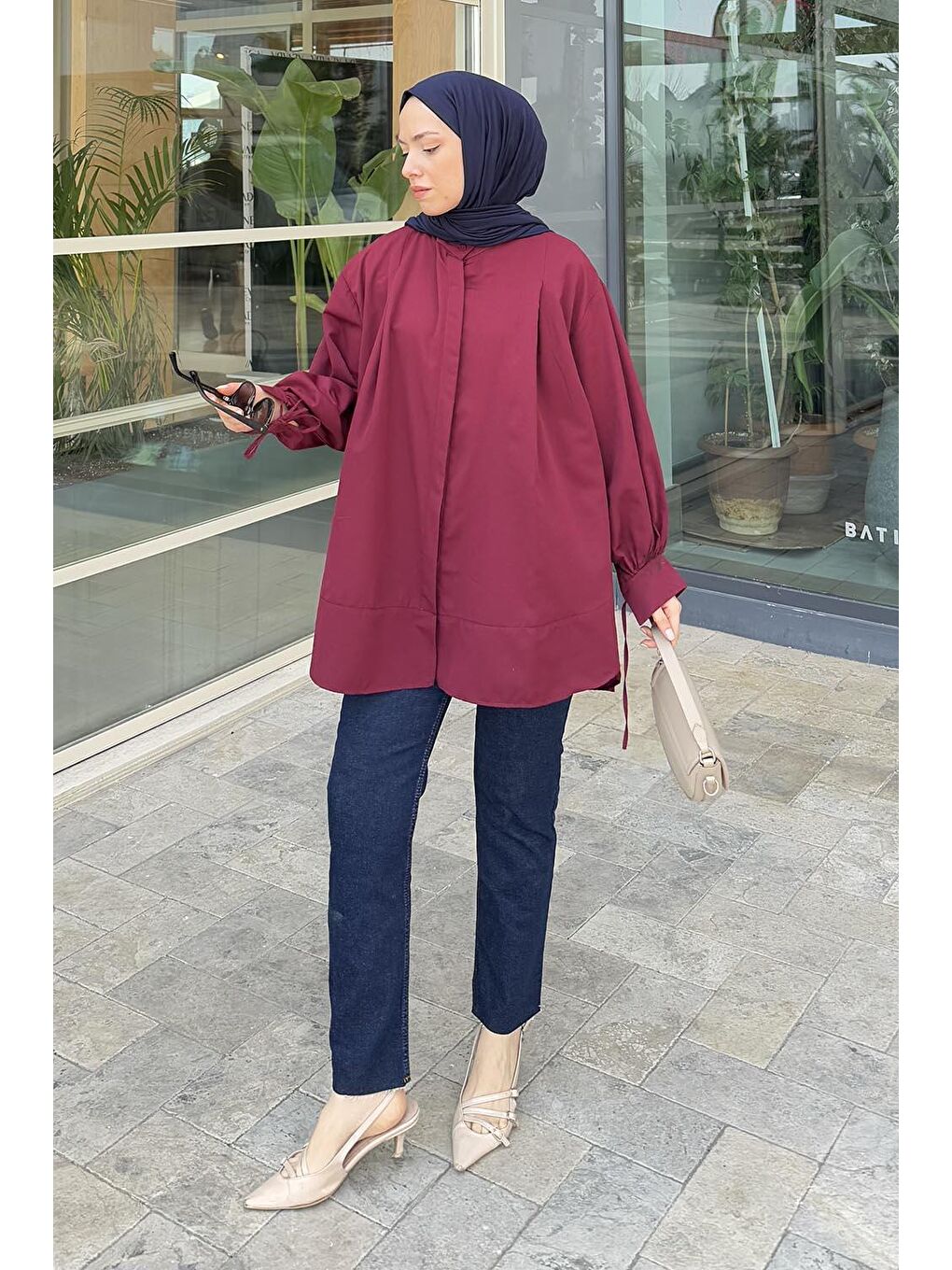 Manşeti Biyeli Tunik Bordo