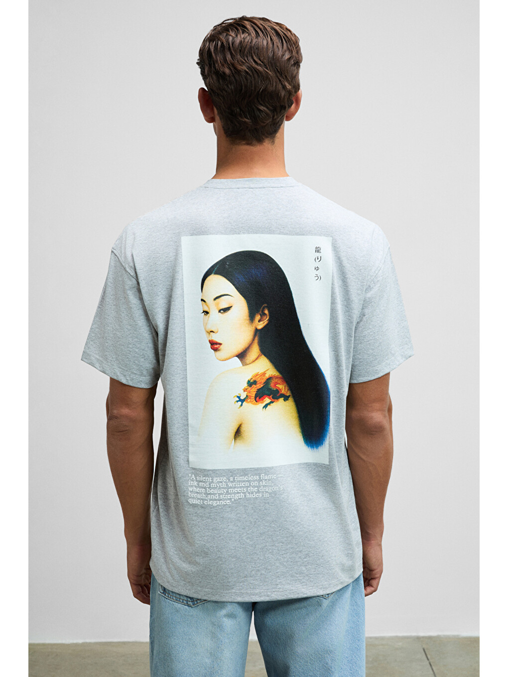 Dragon Erkek Göğsü Ve Sırtı Baskılı %100 Organik Pamuk Oversize Fit Bisiklet Yaka Gri Melanj T-shirt-5