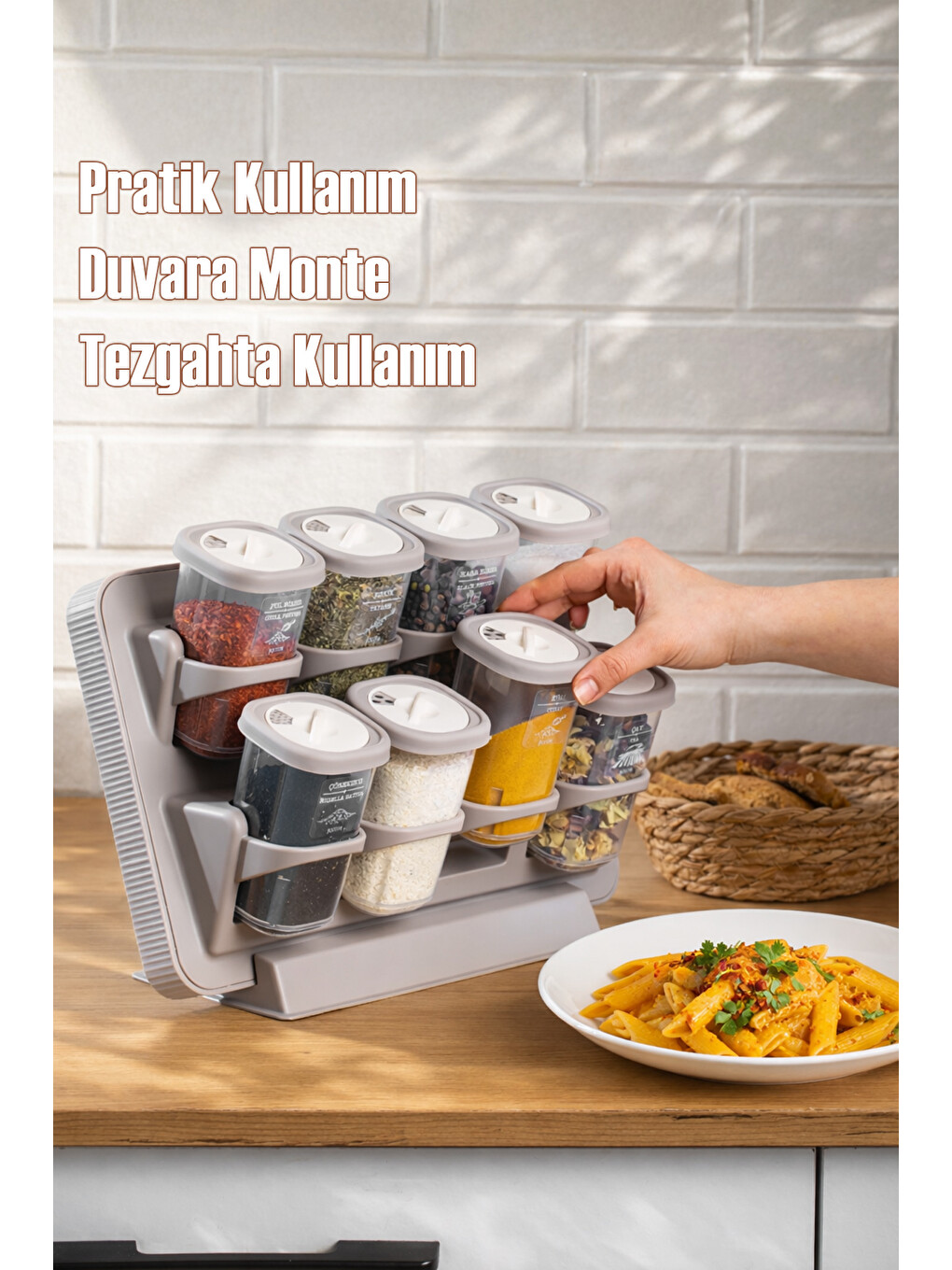 Renksiz 5340 8li Etiketli Asmalı Kendinden Yapışkanlı Tezgah Üstü Standlı Döner Kapaklı Baharatlık-1