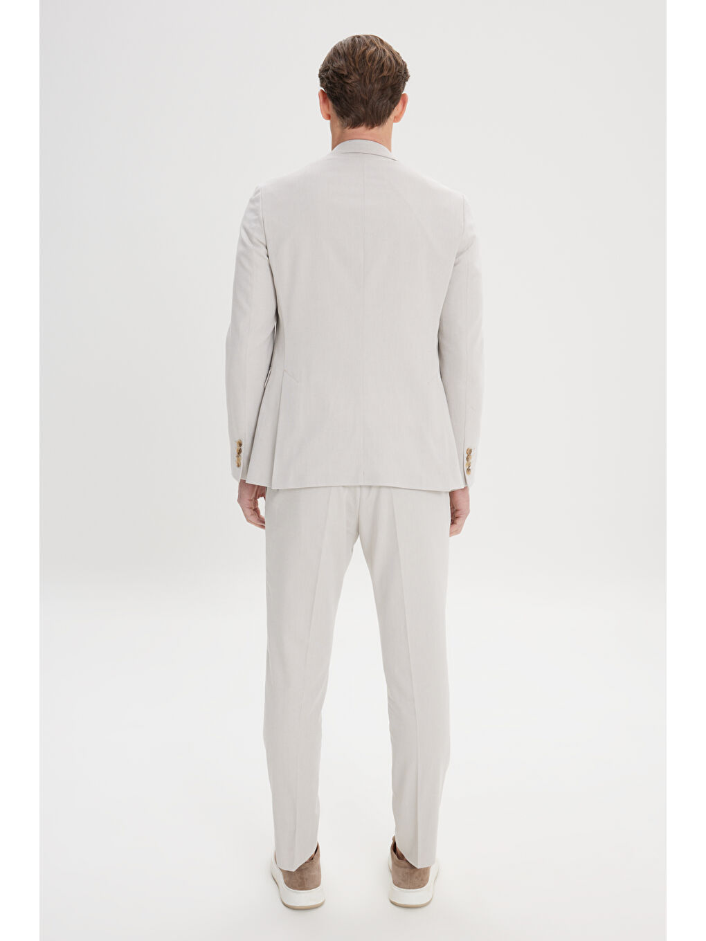 Erkek Bej Dar Kesim Mono Yaka Pamuklu Diagonal Desenli Takım Elbise-6