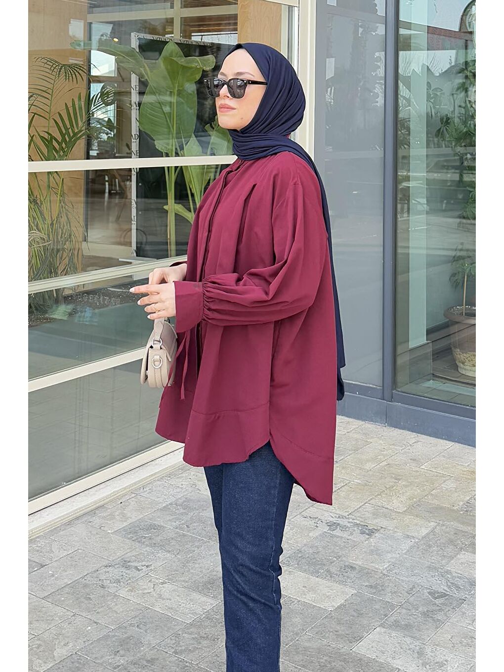 Manşeti Biyeli Tunik Bordo-1