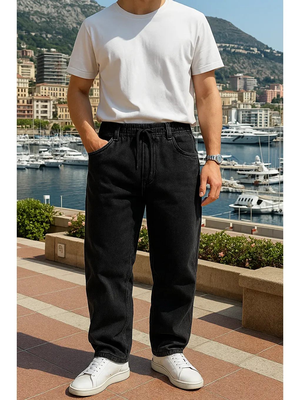 Erkek Beli Lastikli Premium Siyah Baggy Pantolon-1