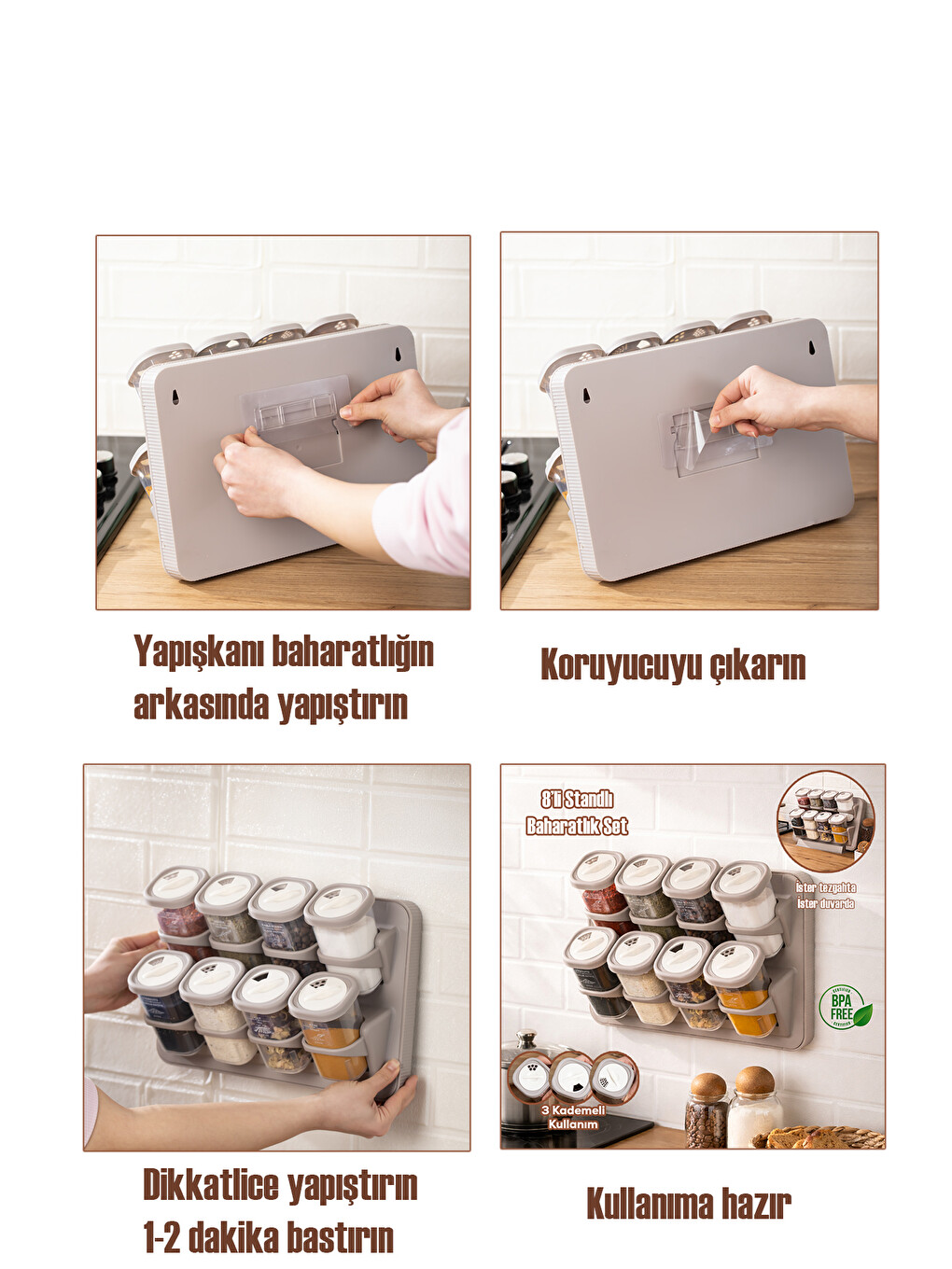 Renksiz 5340 8li Etiketli Asmalı Kendinden Yapışkanlı Tezgah Üstü Standlı Döner Kapaklı Baharatlık-4