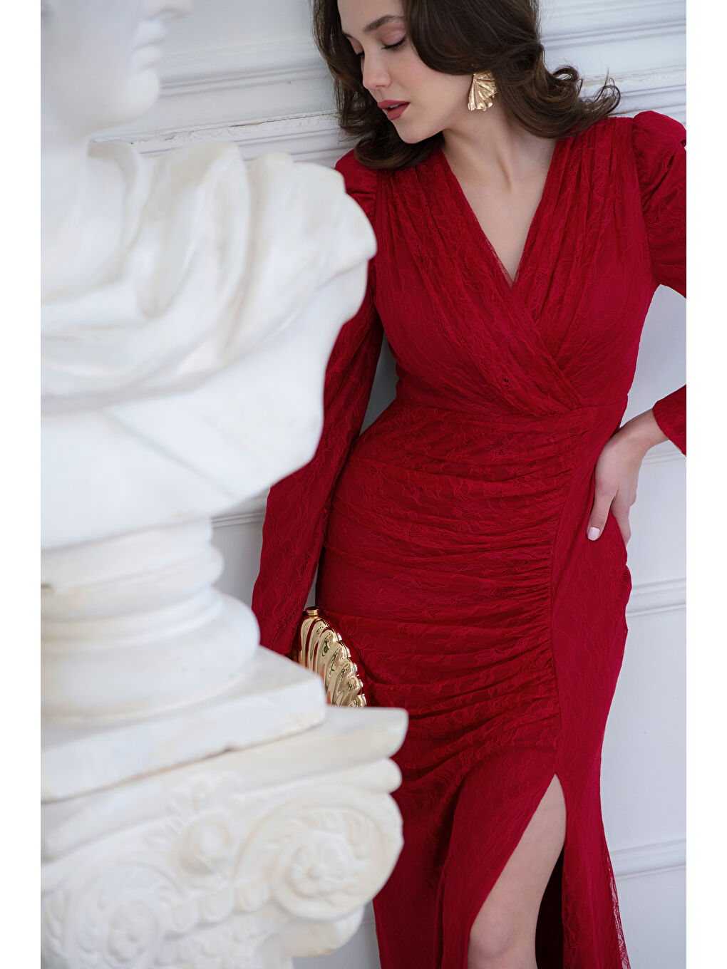 Kadın Bordo Dar Kalıp Kruvaze Yaka Dantelli Uzun Abiye Elbise-1