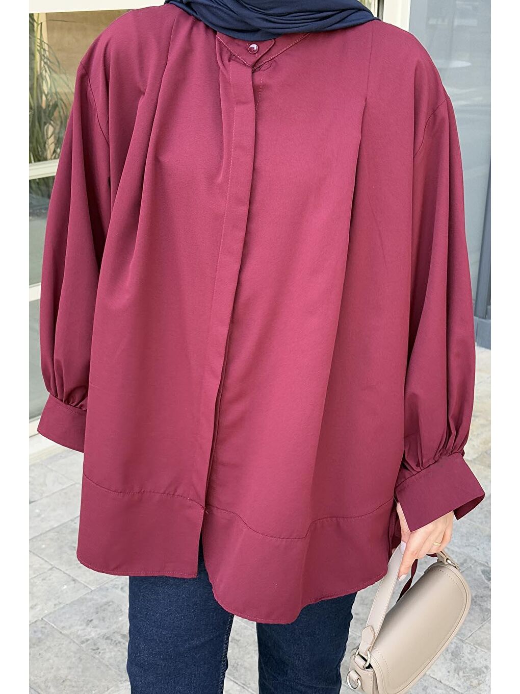 Manşeti Biyeli Tunik Bordo-2