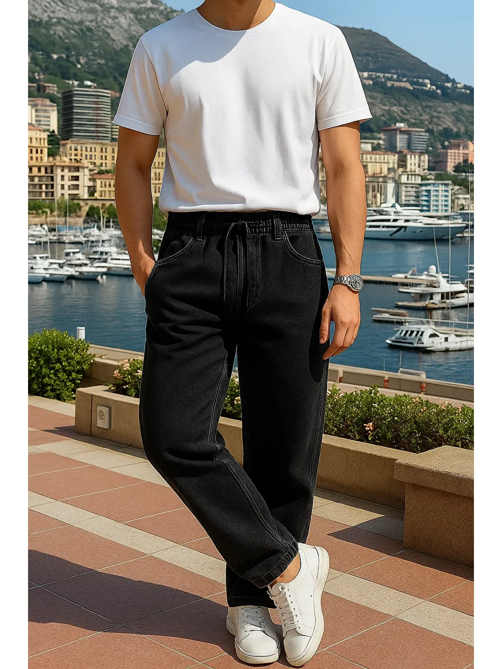 Erkek Beli Lastikli Premium Siyah Baggy Pantolon-3