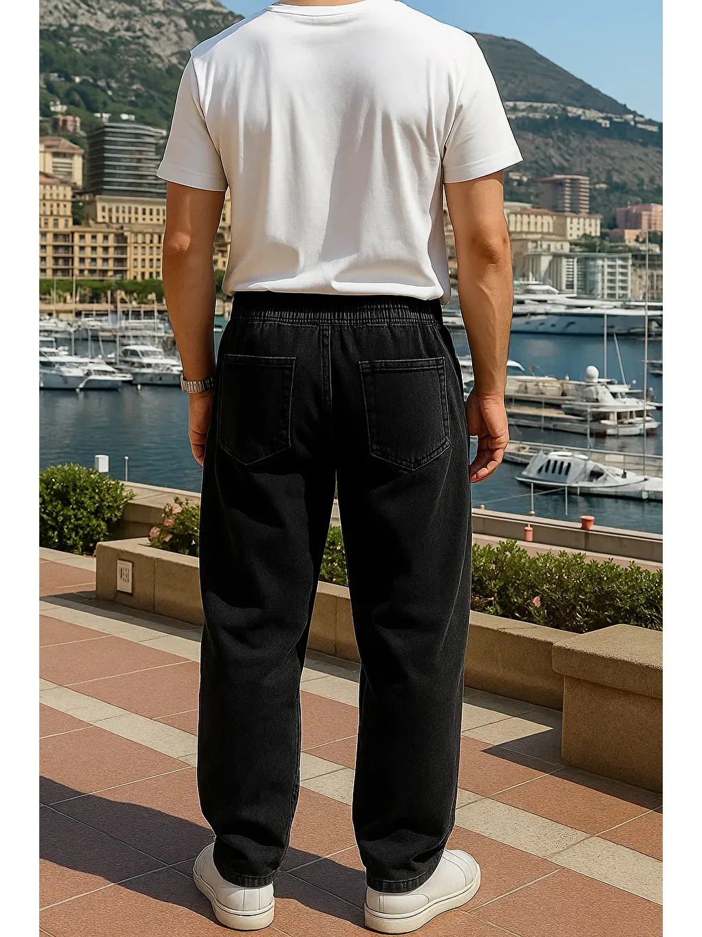 Erkek Beli Lastikli Premium Siyah Baggy Pantolon-4