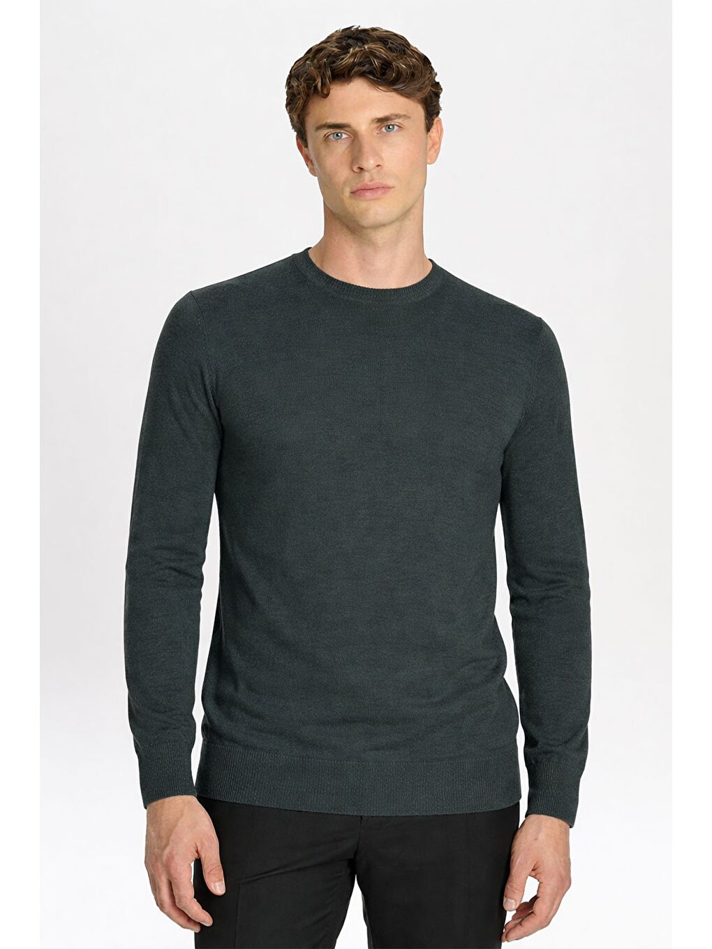 Giotelli Standart Fit Yeşil Melanj Yün Karışımlı Bisiklet Yaka Düz Desen Erkek Triko Kazak