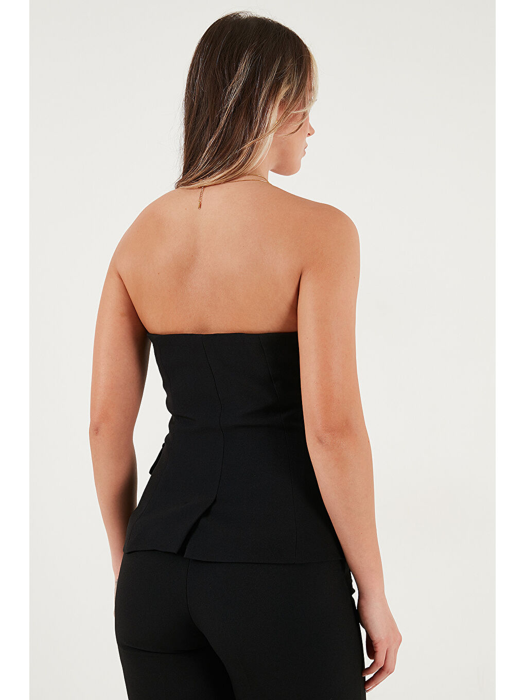 Siyah Regular Fit Straplez Yaka Düğmeli Yelek 6839611-6