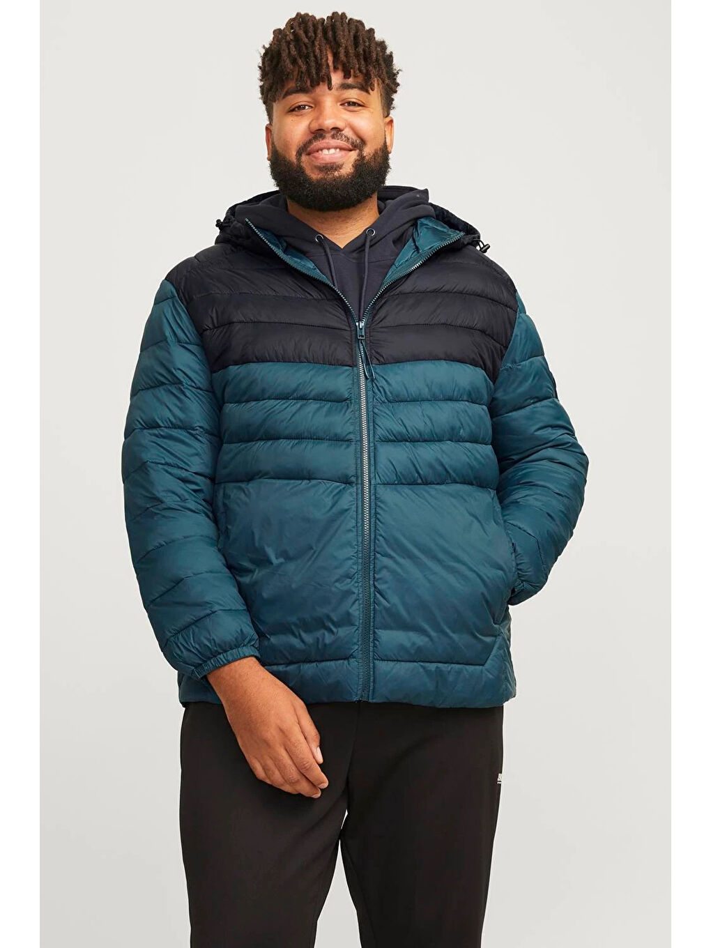 Jack & Jones Siyah-Koyu Yeşil Plus Jjesprint Comfort Fit Kapüşonlu Erkek Mont 12259003