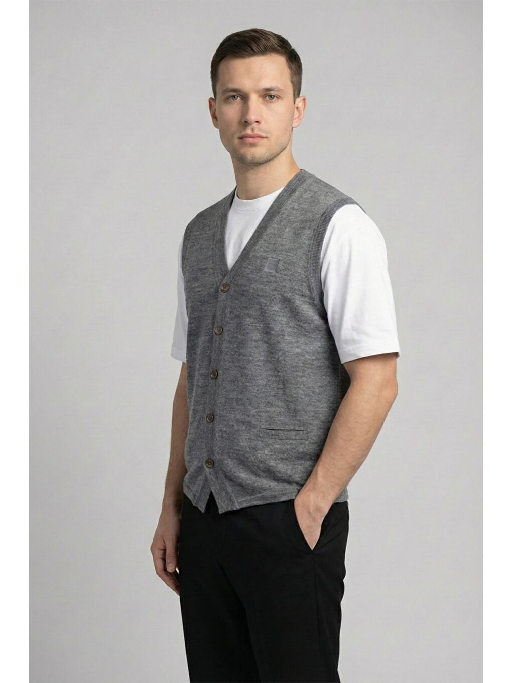 Giotelli Erkek Gri Melanj Standart Fit Yün Karışımlı V Yaka Düğmeli Triko Yelek-2