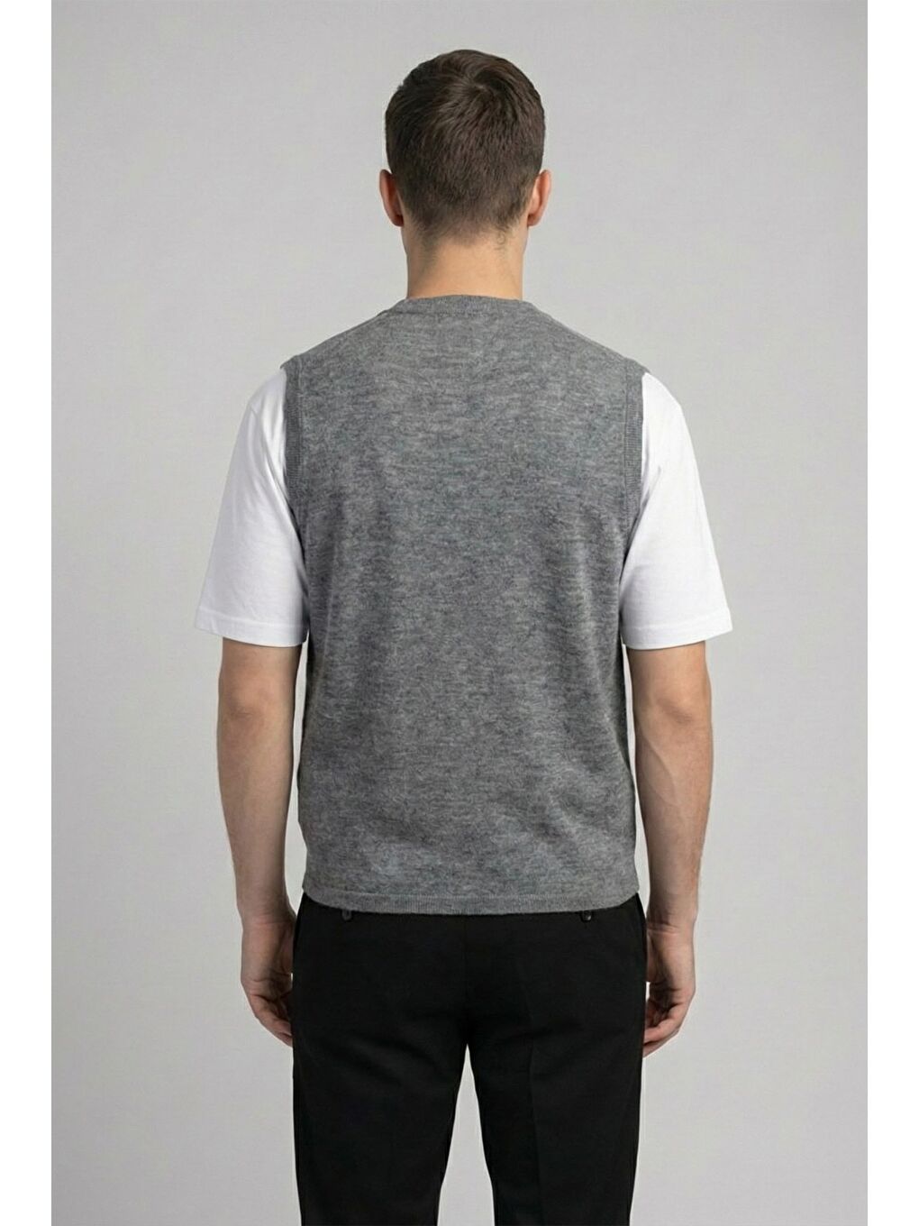 Giotelli Erkek Gri Melanj Standart Fit Yün Karışımlı V Yaka Düğmeli Triko Yelek-3