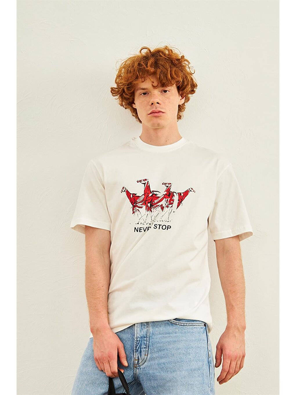 Erkek At Baskılı Oversize Tişört Ekru-2