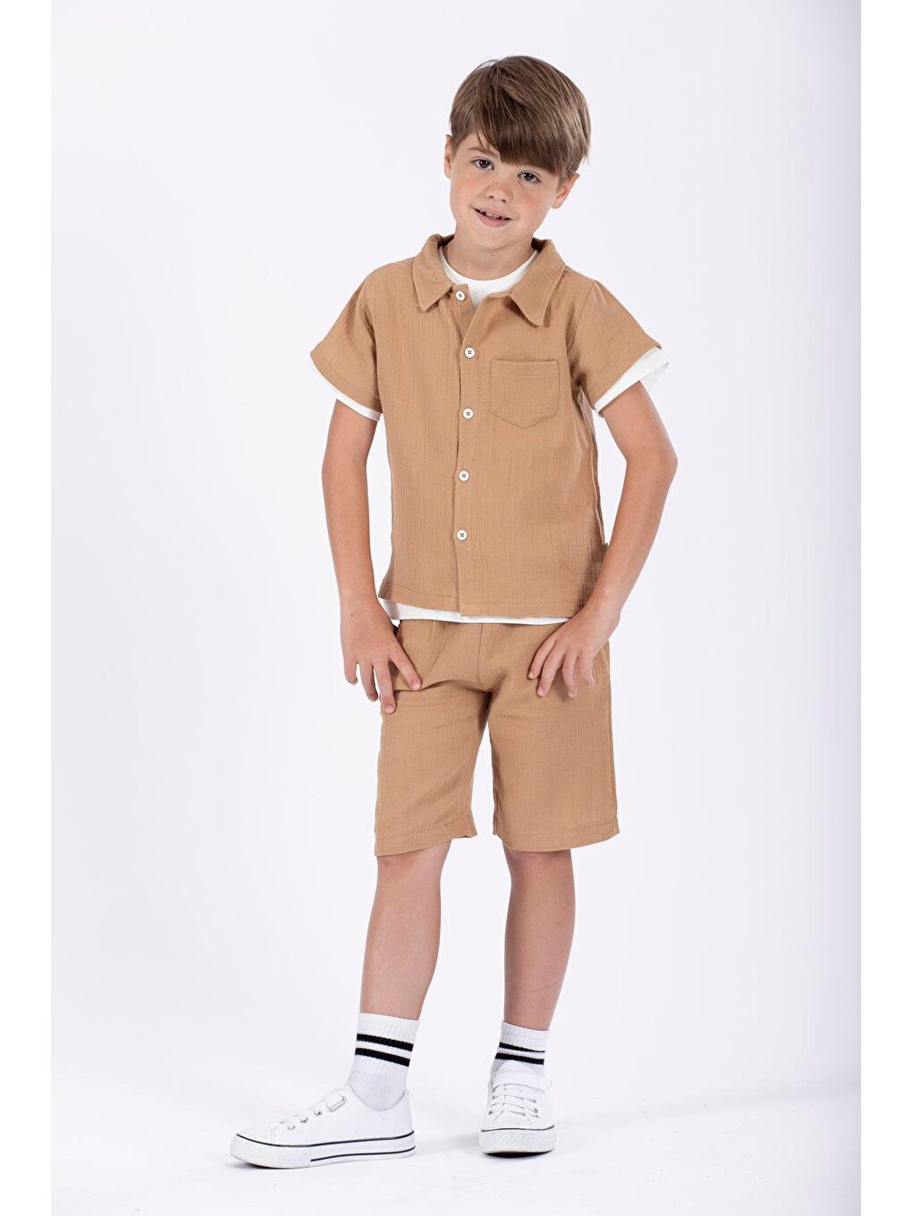 Kahverengi Gömlek Yaka Kısa Kol Camel Renk Erkek Çocuk Şortlu Takım