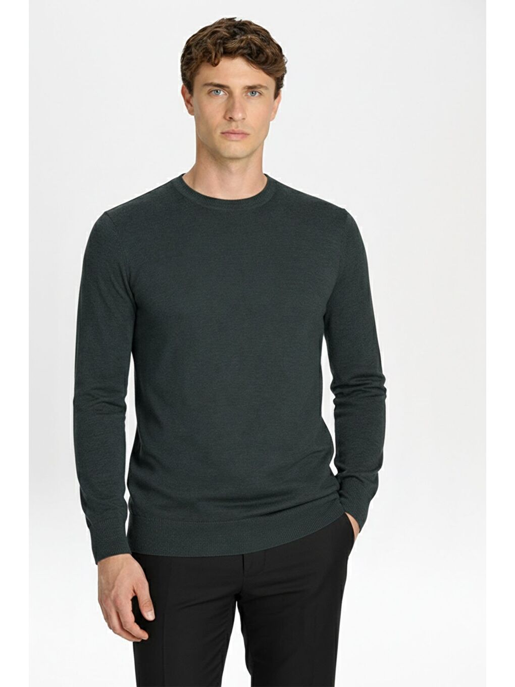 Giotelli Standart Fit Yeşil Melanj Yün Karışımlı Bisiklet Yaka Düz Desen Erkek Triko Kazak-1