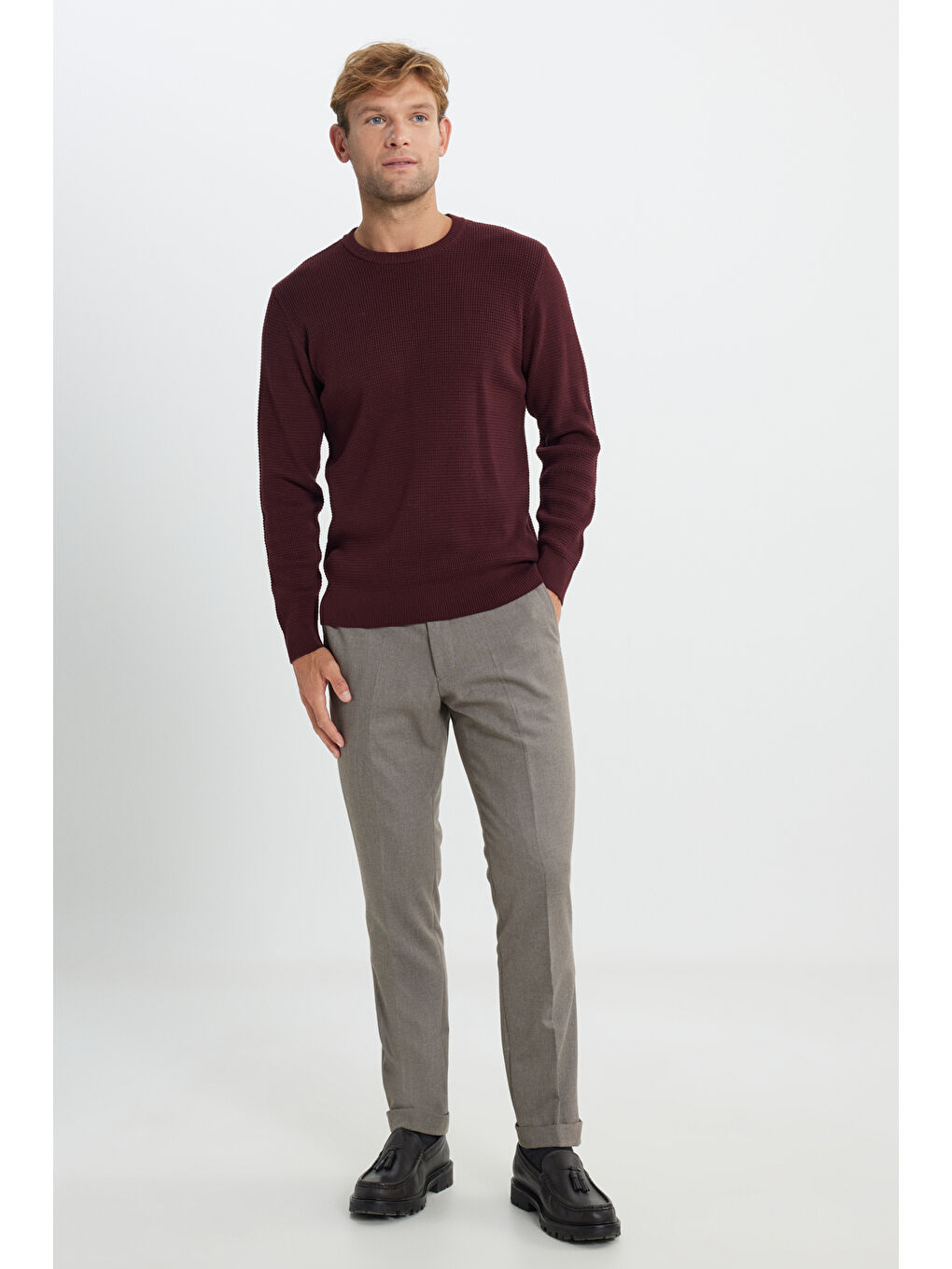 Erkek Bordo Pamuklu Standart Fit Normal Kesim Bisiklet Yaka Petek Dokulu Triko Kazak-1