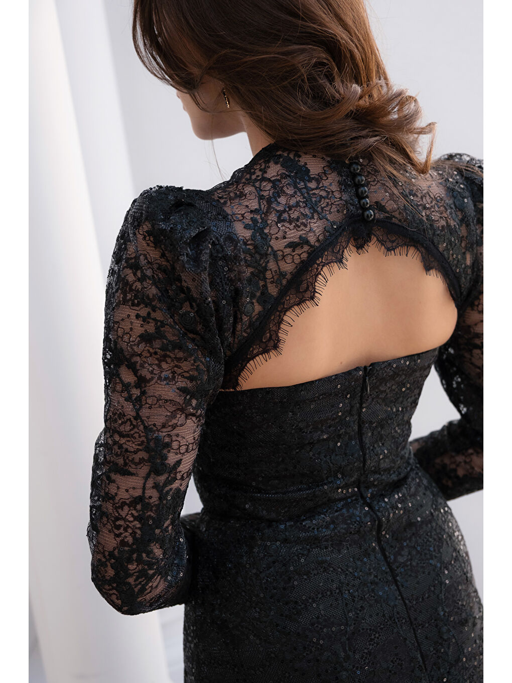 Kadın Siyah Dar Kalıp Bisiklet Yaka Dantelli Uzun Kol Abiye Elbise-3