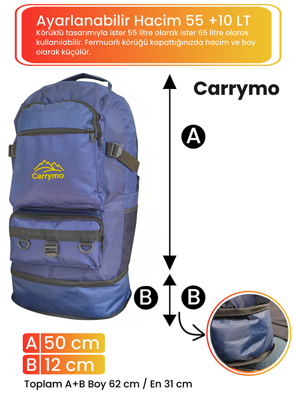 Lacivert Orijinal Körüklü Ortopedik Konfor Modeli Çok Gözlü Gezi Seyahat Yürüyüş Dağcı Kamp Spor Sırt Çantası-4