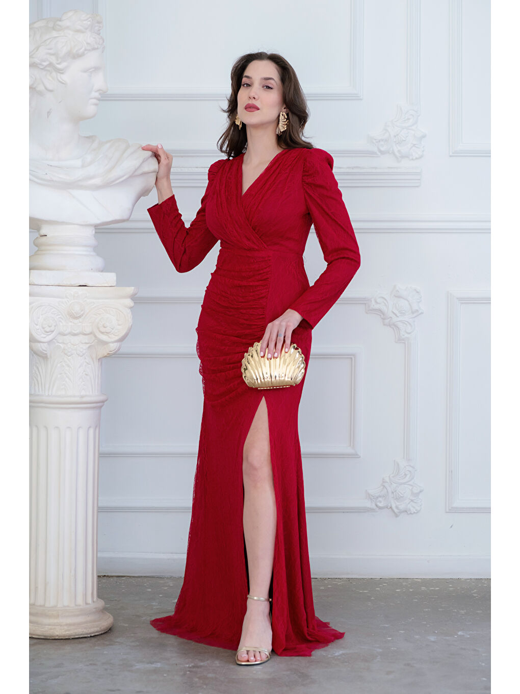 Kadın Bordo Dar Kalıp Kruvaze Yaka Dantelli Uzun Abiye Elbise-2