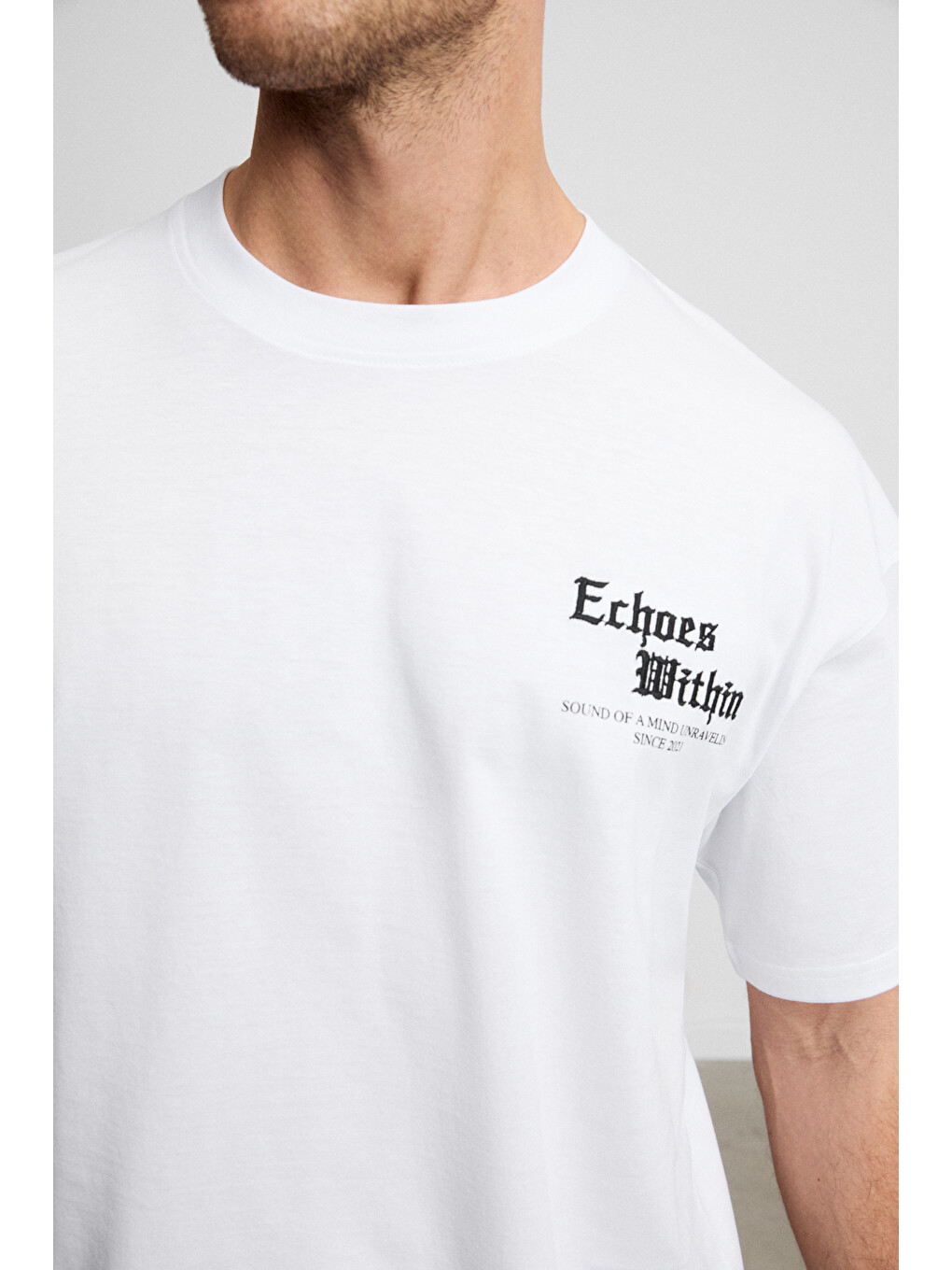 Lıght Erkek Organik Pamuklu Bisiklet Yakalı Nakış Ve Baskı Detaylı Oversıze Fit Beyaz T-shirt-4