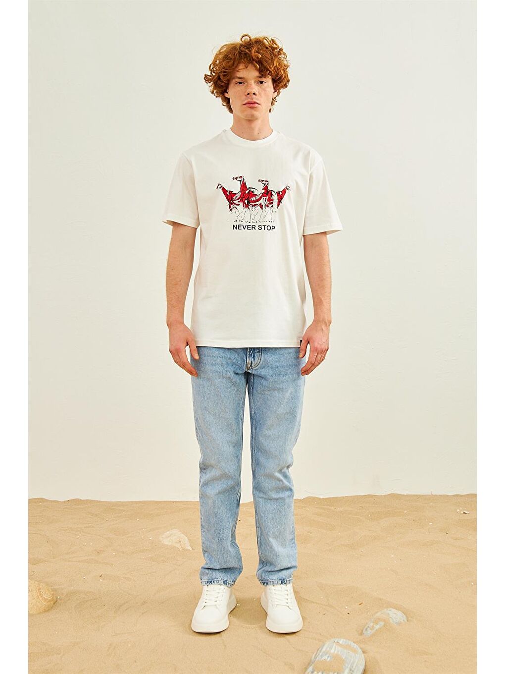 Erkek At Baskılı Oversize Tişört Ekru-3