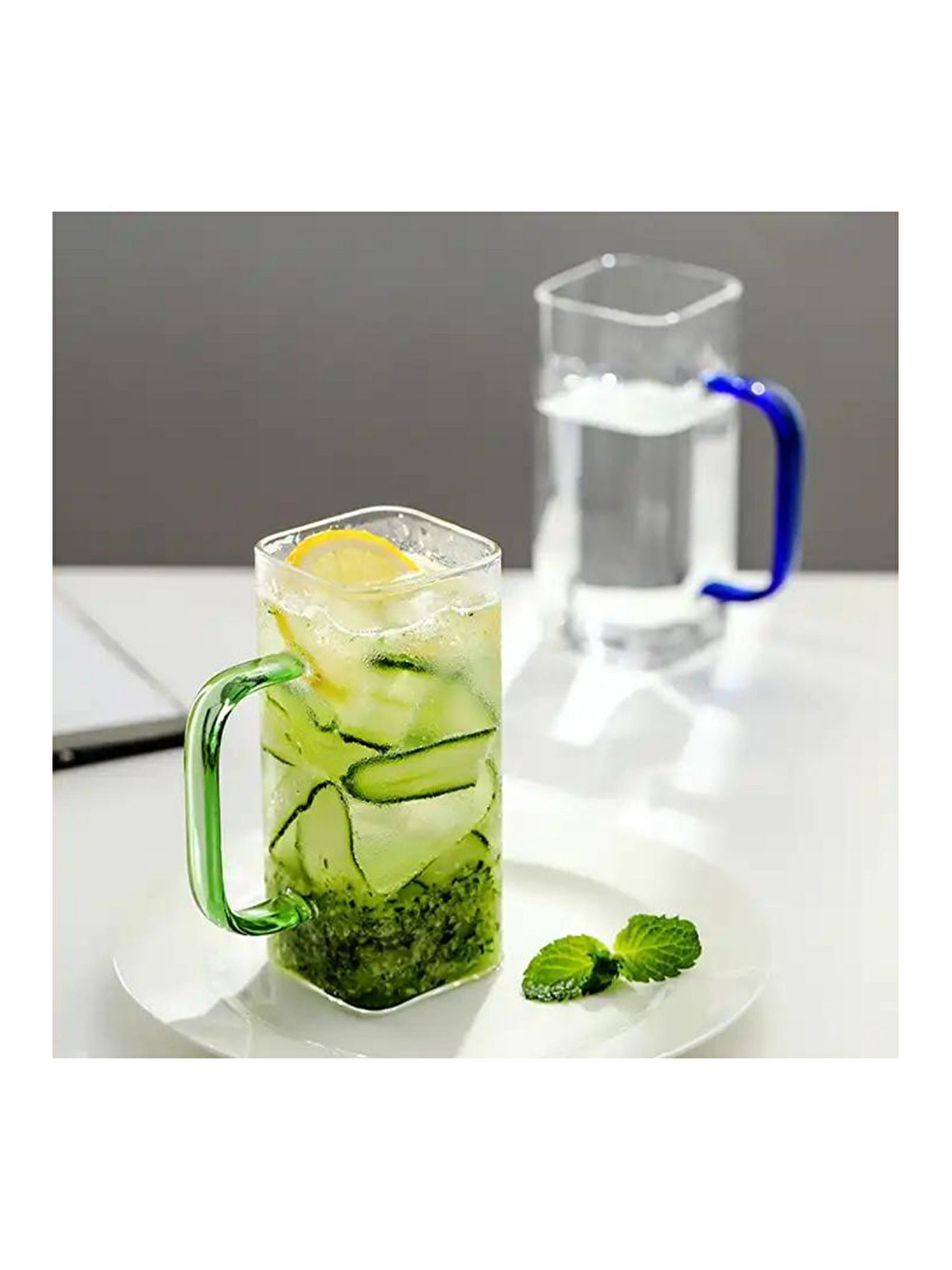 Renksiz Kare Cam Mavi Kulplu Bardak 350 ml 4 Adet-4