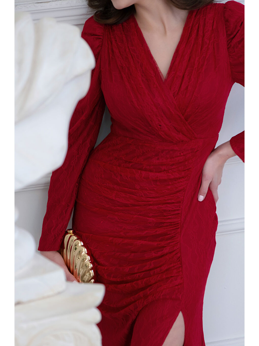 Kadın Bordo Dar Kalıp Kruvaze Yaka Dantelli Uzun Abiye Elbise-3