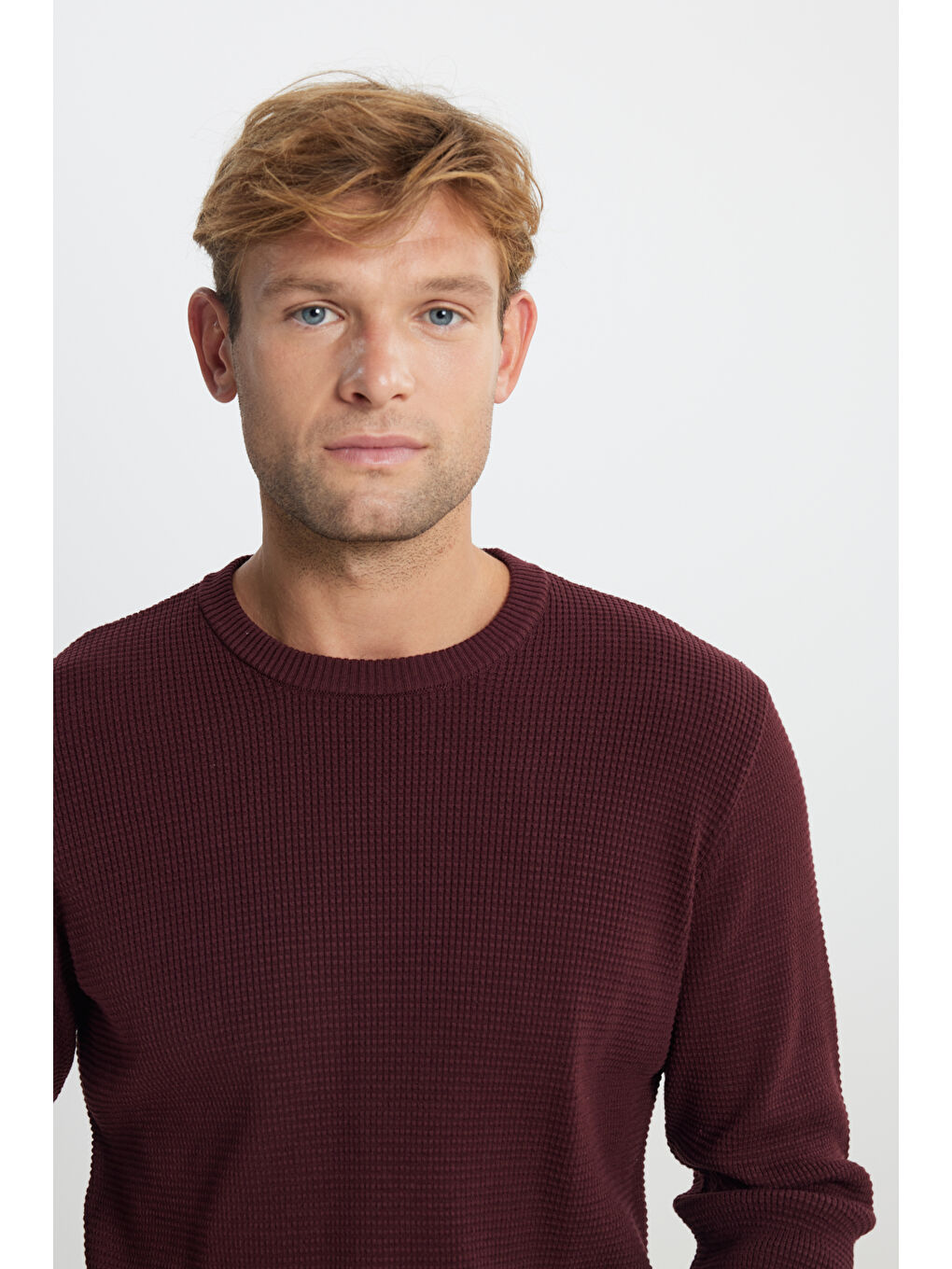 Erkek Bordo Pamuklu Standart Fit Normal Kesim Bisiklet Yaka Petek Dokulu Triko Kazak-3