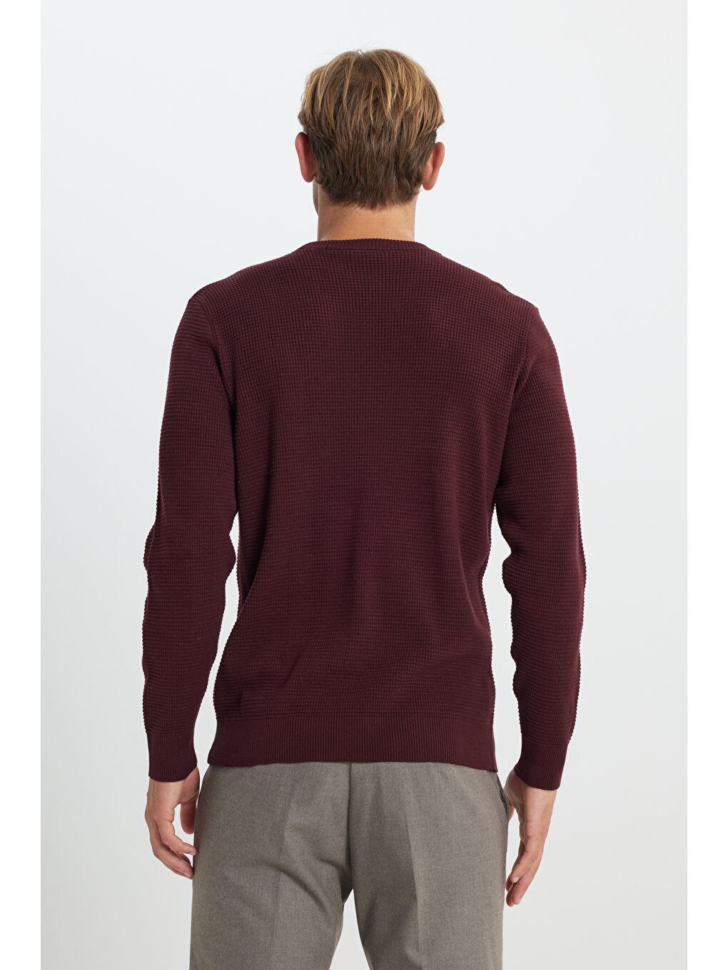 Erkek Bordo Pamuklu Standart Fit Normal Kesim Bisiklet Yaka Petek Dokulu Triko Kazak-4