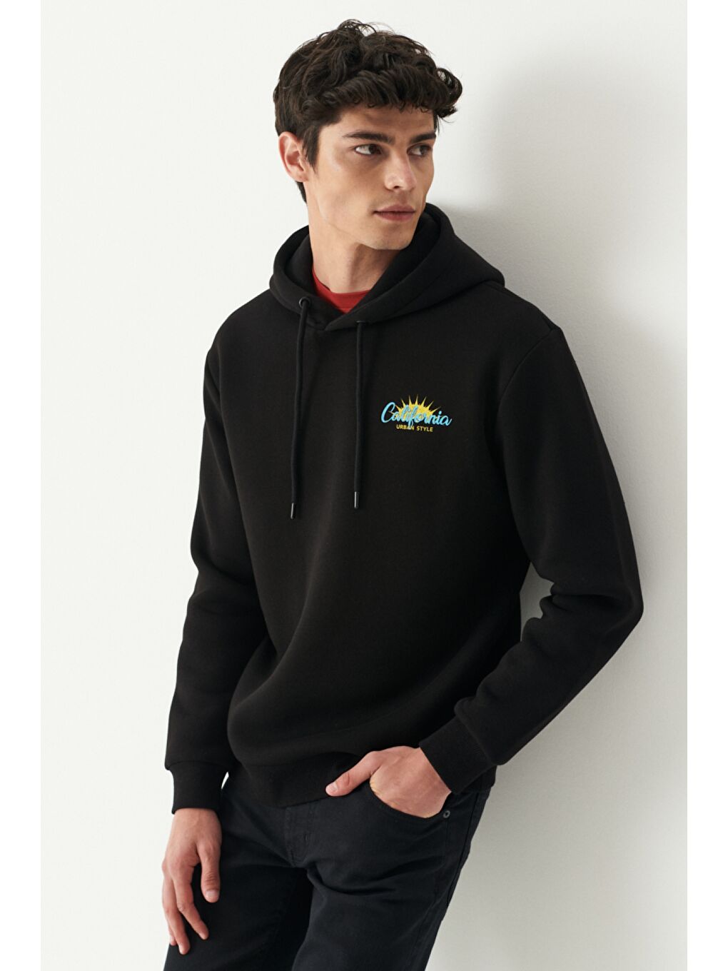 Regular Fit Kapüşonlu Şardonlu Siyah Sweatshirt-1