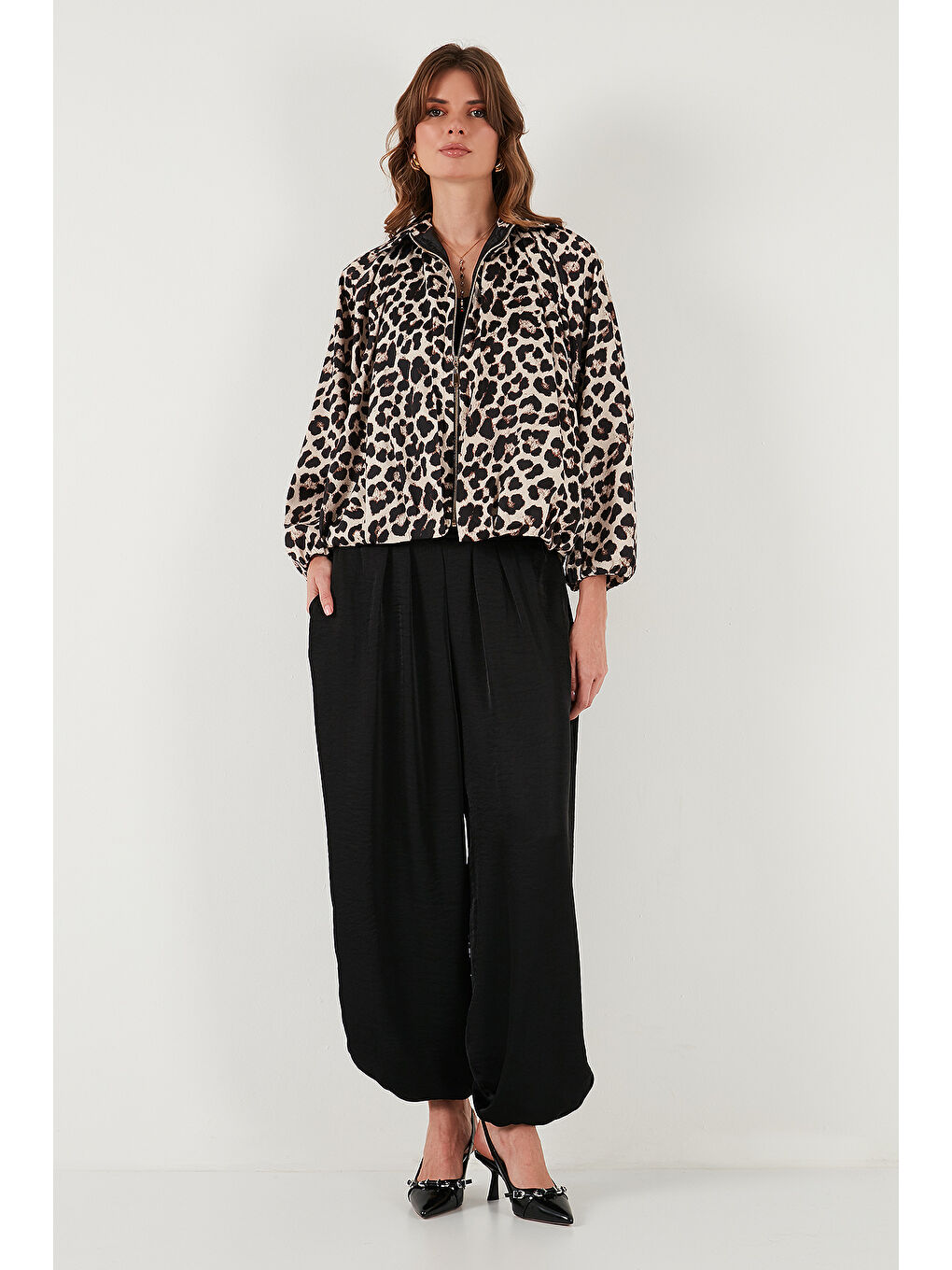 Kahverengi Oversize Klasik Yaka Yarasa Kol Fermuarlı Bomber Ceket 6839636-1